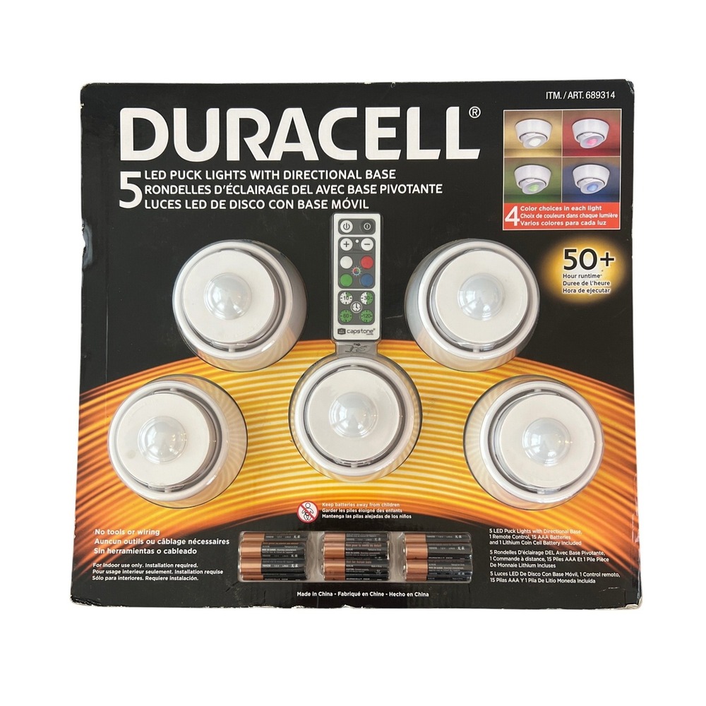 Duracell 5 LED Puck Lights with Directional Base Remote Control 689314 White